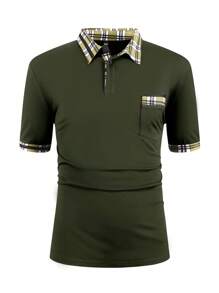 Manfinity Homme Men's Casual Plaid Patchwork Short Sleeve Polo Shirt, Summer