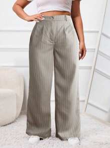 SHEIN EZwear Quần váy sọc thường ngày có kích thước lớn cho nữ - Màu Khaki - Xem 4