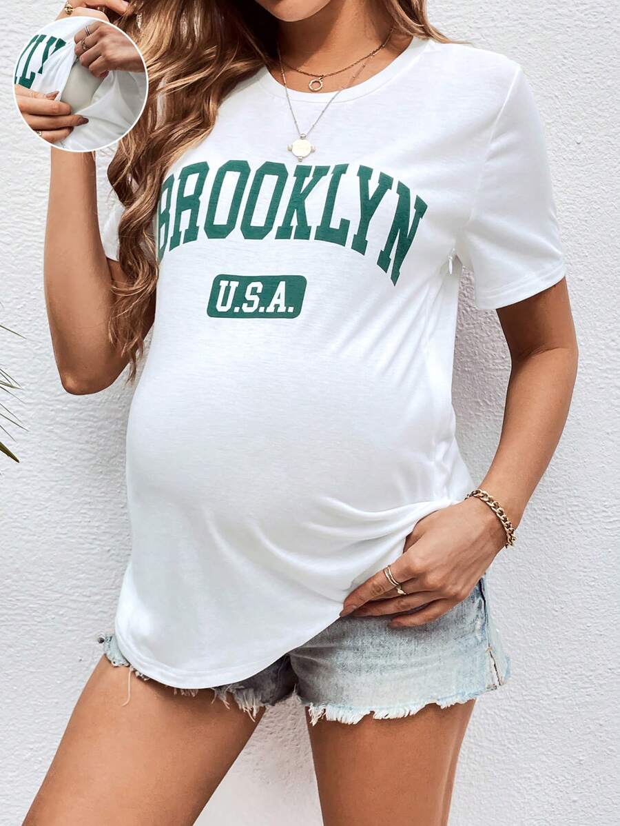 SHEIN Quần áo cho con bú ngoài trời dành cho bà bầu Áo thun cổ tròn vừa vặn để tập thể dục nhẹ - trắng - Xem 1