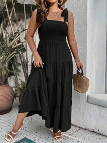 SHEIN Holidaya Vestido de camisola simple de uso diario en unicolor para mujeres de talla grande - Negro - Ver 5