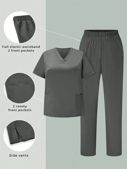 TaskEZ Plus Size Women's Solid Color V-Neck Short Sleeve Top And Pants Casual Uniform Set, Plus Size Uniform & Scrub