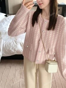 Plaid Pattern Round Neck Single-Breasted Casual Long Sleeve Cardigan