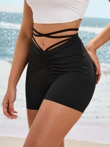 SHEIN Cheerettes Women's Solid Color Hollow Out Waist Pleated Daily Fitness Sport Shorts Spandex Short - Black - View 1