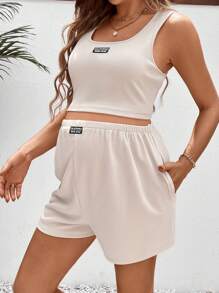 SHEIN Maternity Daily Casual Comfy Two-Piece Set - Khaki - View 3