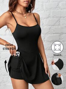 SHEIN PETITE Women's Sling A Hem Solid Color Pocketable Sports And Leisure Daily Anti-Exposure One-Piece Culottes - Black - View 4