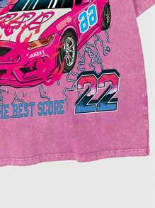 ROMWE MEN Street Life Spring/Summer Casual Graphic Pink Men'S Vintage Race Car Print Washed And Distressed Short Sleeve Racing T-Shirt, High Street Style, Summer, School - Rose Red - View 4
