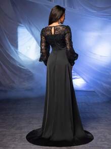 SHEIN Belle 女士黑色亮片燈籠袖長款婚禮連衣裙，分割式裙擺 - 黑色 - 查看 2