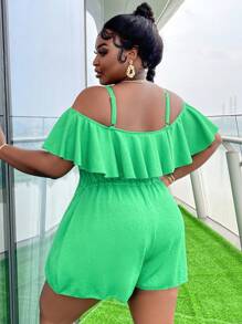 SHEIN Slayr Plus Size Summer Solid Color Open Shoulder One-Piece Swimsuit For Beach - Green - View 2
