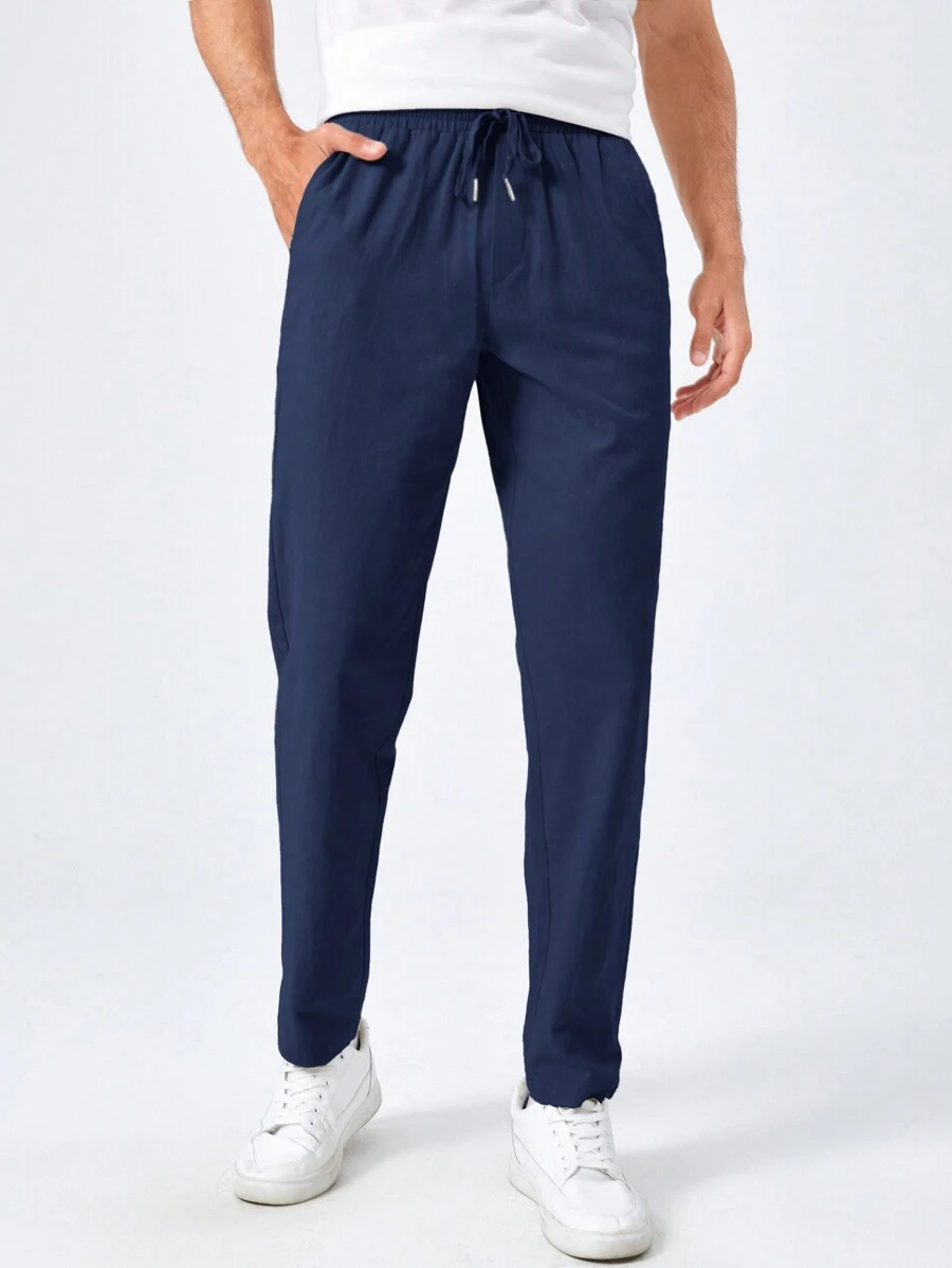 Manfinity VCAY Men Solid Color Drawstring Waist Pocketed Knit Casual Pants, Fall - Navy Blue - View 1