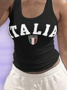 INAWLY 女士夏季字母印花圆领休闲背心图案 T 恤女士上衣