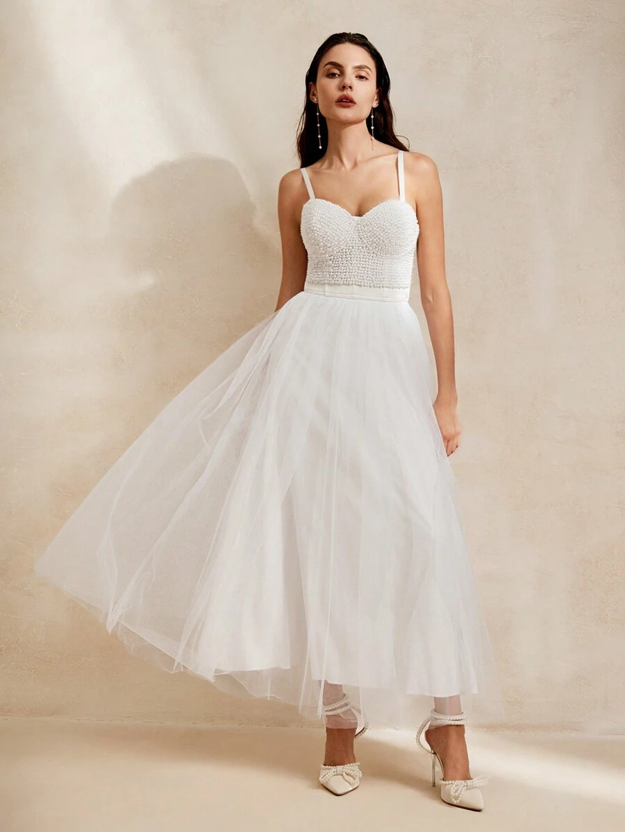 Anewsta Ladies' Beaded Mesh Party Dress With Spaghetti Straps - White - View 1