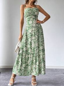 SHEIN Privé Robe d'été pour femmes, décontractée imprimée de plantes avec bretelles spaghetti