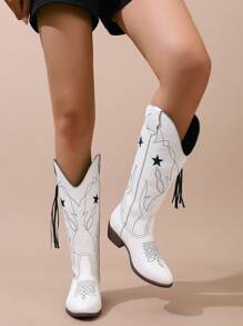 White Embroidered Asymmetric Chunky Heeled Knight Boots Western Cowgirl Boots For Women's Fashion - White - View 5