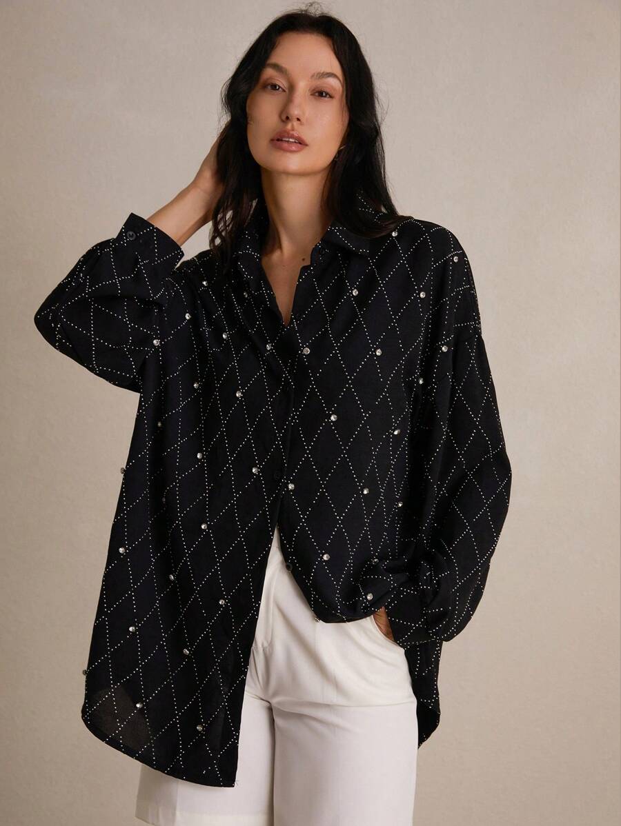SHEIN Privé Áo sơ mi dài tay đính kim cương cổ bẻ phía trước dành cho nữ, trang phục công sở thanh lịch, giản dị, áo sơ mi cài nút cho nữ - màu đen - Xem 1