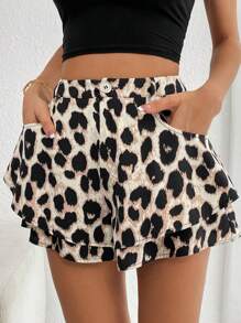 SHEIN Essnce Women's Summer Leopard Print Woven Double Layered A-Line Casual Shorts With 2 Side Pockets - Multicolor - View 1