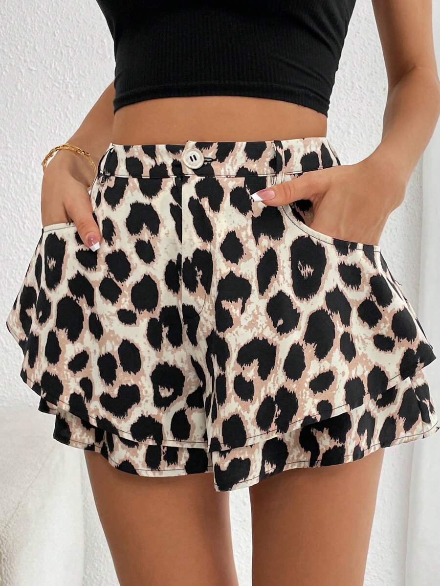 SHEIN Essnce Women's Summer Leopard Print Woven Double Layered A-Line Casual Shorts With 2 Side Pockets - Multicolor - View 1