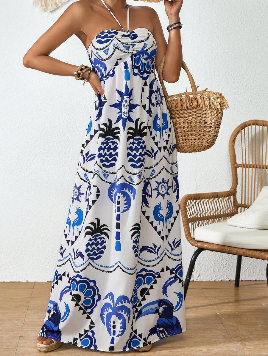 SHEIN VCAY Women's Sleeveless Allover Print Halter Neck Backless Summer Dress - Multicolor - View 1