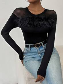 女性春夏季純色圓領長袖貼身T卹，配有毛茸茸的裝飾 - 黑色 - 查看 6