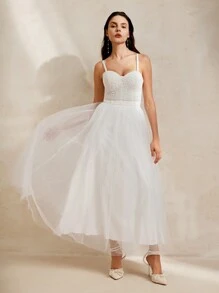 Anewsta Ladies' Beaded Mesh Party Dress With Spaghetti Straps - White - View 7