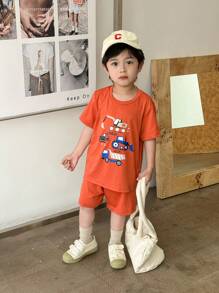 Young Boy 2pcs/Set Cute Car Printed Mix & Match Casual Daily Comfortable Excavator Outfits, Suitable For Summer Brother Matching Fun Cartoon - Multicolor - View 7