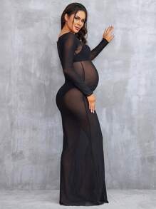 孕妇网状透明性感长袖连衣裙拍摄道具 - 黑色 - 查看 4