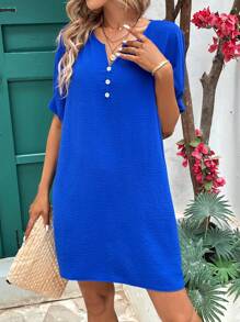 SHEIN LUNE Robe décontractée à manches plissées amples à encolure en V crantée et coupe ample en unicolore