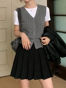 Solid Color Textured V-Neck Cardigan Sweater Vest - Grey - View 3