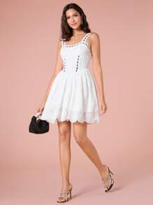 Enchnt Vestido de verano casual para mujer con bordado calado y cinturón ajustado - Blanco y Negro - Ver 4