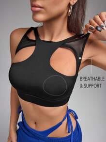 Innovista 女士網眼插花運動健身坦克頂，健身上衣，運動胸罩，素色T恤，外出上衣，節日服飾，集中胸罩 - 黑色 - 查看 2