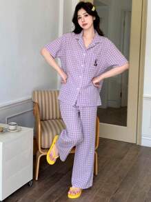 DAZY Plaid Cartoon Embroidery Pattern Sleepwear Set Pajama - Purple - View 6