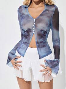 SHEIN Unity Áo sơ mi lưới nhuộm loang cổ chữ V sâu cá nhân hóa cổ điển có tay loe dành cho nữ, vải mặc mùa thu dành cho nữ - Màu xanh lam - Xem 1