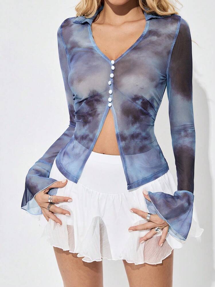 Vintage Personalized Deep V-Neck Tie-Dye Mesh Shirt With Flare Sleeves For Women Fall Cloth For Women