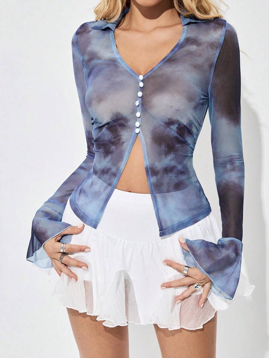 SHEIN Unity Áo sơ mi lưới nhuộm loang cổ chữ V sâu cá nhân hóa cổ điển có tay loe dành cho nữ, vải mặc mùa thu dành cho nữ - Màu xanh lam - Xem 1