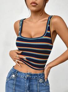 SHEIN EZwear 多彩條紋針織女士坦克頂 - 藏蓝色 - 查看 3