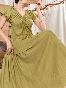 Mulvari Ensemble 2 pièces top et jupe d''été de couleur unie avec encolure en V, cordons de serrage et froncée pour femme