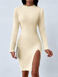SHEIN Cottnline Split Thigh Ribbed Knit Sweater Dress - Apricot - View 3