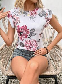 SHEIN Frenchy T-shirt décontracté d'été à manches courtes à encolure ronde imprimé floral pour femmes - Multicolore - Voir 5