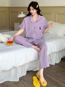 DAZY Plaid Cartoon Embroidery Pattern Sleepwear Set Pajama - Purple - View 3
