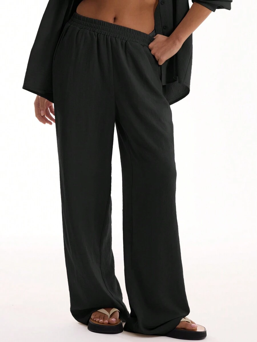 MUSERA 亚麻质感宽松沙滩裤，适合伊比沙岛夏季，波西米亚风，优雅休闲，适合度假、机场、秋季派对、休闲度假等场合。 - 黑色 - 查看 1