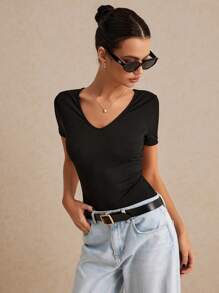 Poéselle 純黑色無背短袖T恤，輕鬆時尚必備單品，夏季上衣，打底T恤，休閒時尚風格適用於各種場合。 - 黑色 - 查看 3