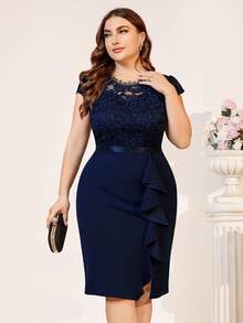 MIUSOL Vestido Plus Size De Renda Floral Transparente Com Babados Drapeado Coquetel Com Bainha Dividida