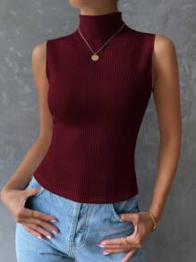 SHEIN Clasi Camiseta sin mangas de verano para mujer de cuello alto en unicolor, sencilla y a la moda