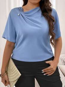 SHEIN Clasi 大碼純色褶皺短袖襯衫，簡單夏季上衣 - 淺藍色 - 查看 5