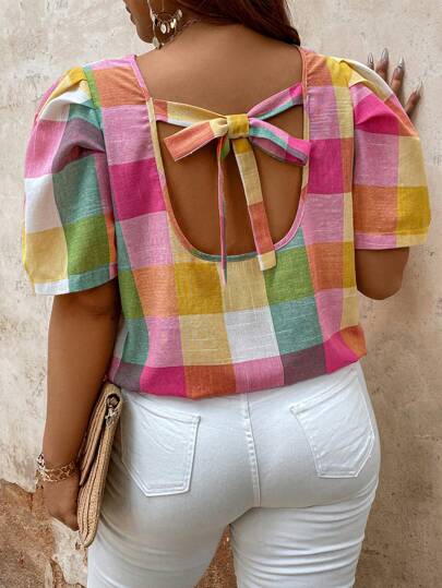 EMERY ROSE Blusa de manga abullonada con estampado aleatorio de cuadros y estampado para vacaciones informales de talla grande, verano