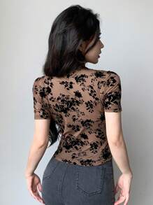 DAZY 女式透明网眼花卉短袖上衣外出上衣夏季短款上衣女式