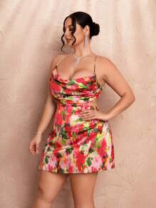 SHEIN BAE Plus Size Women's Satin Printed Spaghetti Strap Backless Tie Mini Dress, Perfect For Summer Vacation, Parties And Romantic Dates