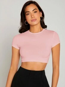 SHEIN BASICS 女性夏季純色圓領短袖短版修身T恤 - 粉色 - 查看 3