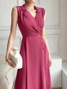Modelyn Ladies' Solid Color Wrapover Elegant Sleeveless Dress, Summer - Pink - View 4