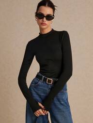 Poéselle Solid Mock Neck Tee, Black Bottoming Tee, Long Sleeve, Basic Tee