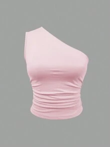 INAWLY Ladies' Plain And Simple Daily Oblique-ShoulderTop - Baby Pink - View 3